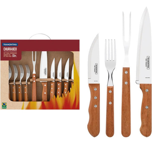 Kit Churrasco 10 Peças - Inox Cabo Madeira